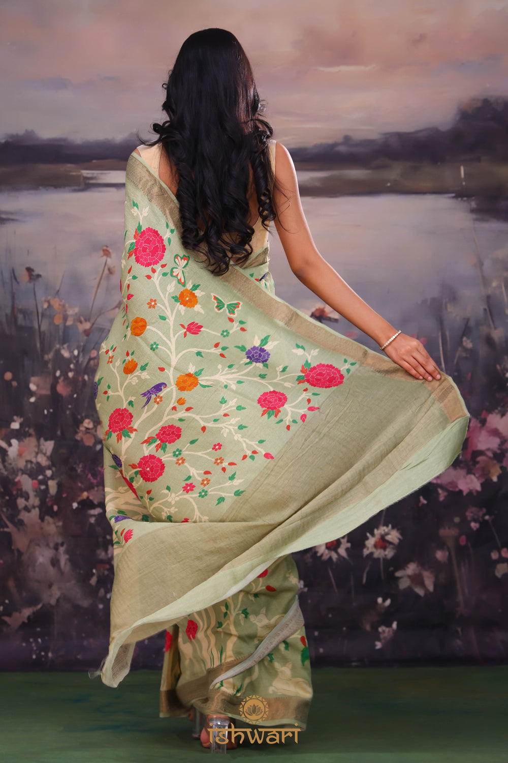 Sage Green Digital Print Moonga Silk Saree