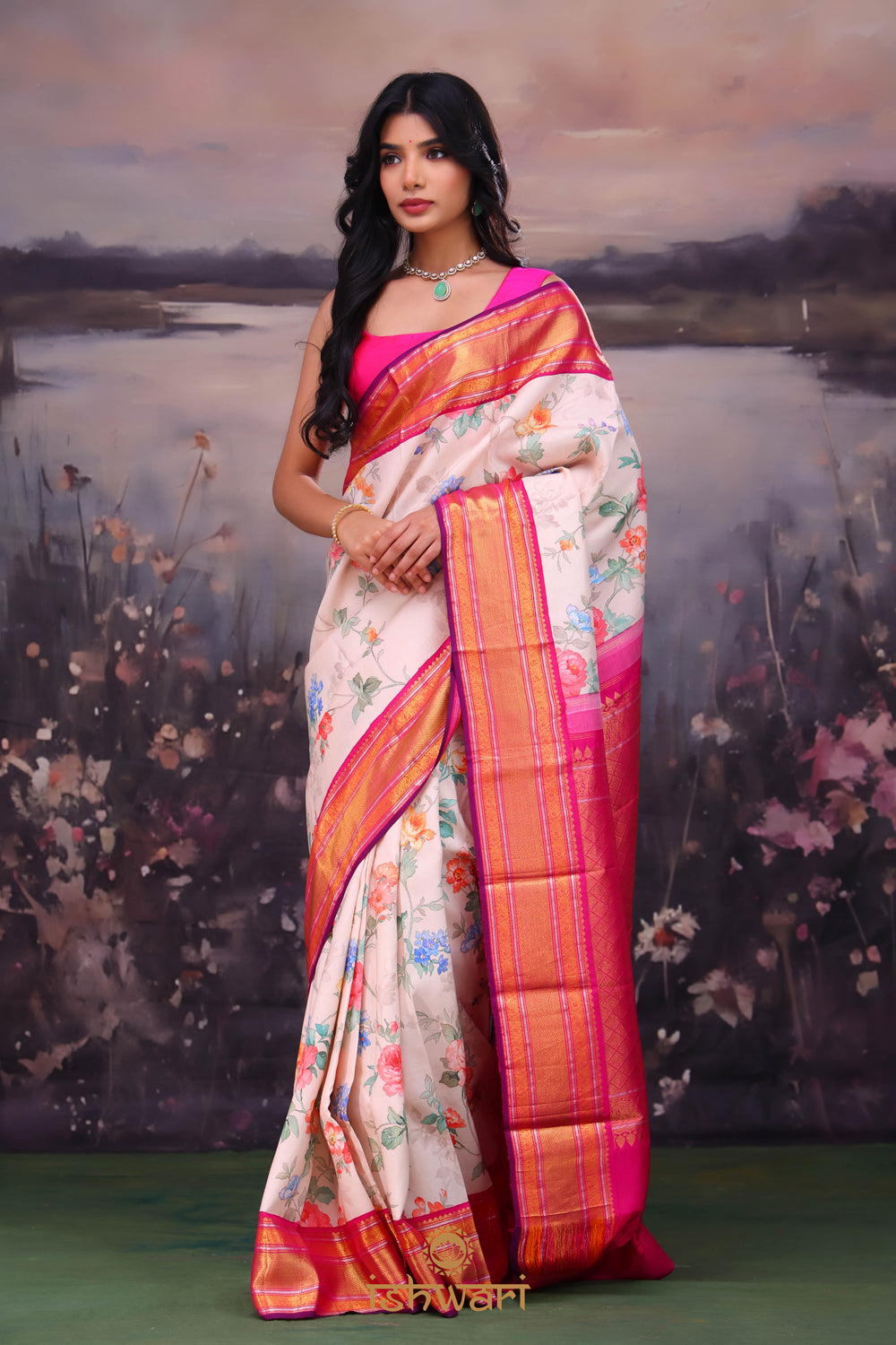 Beige Brown Digital Print Silk Saree with Kanchi Border