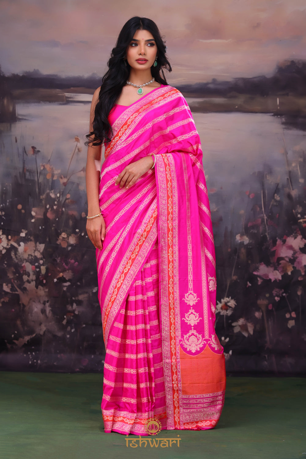 Hot Pink Stripes Banarasi Silk Saree
