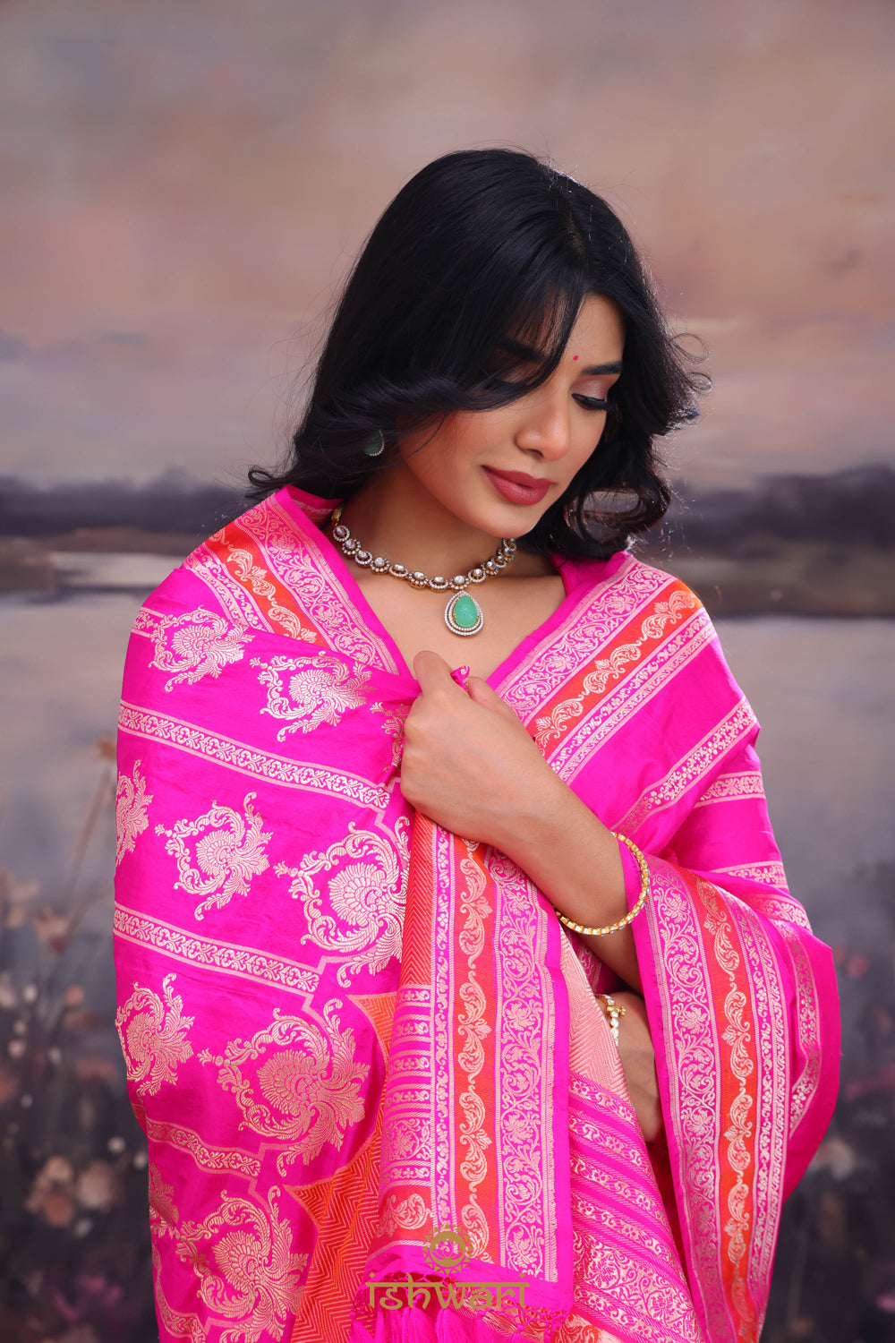 Hot Pink Stripes Banarasi Silk Saree