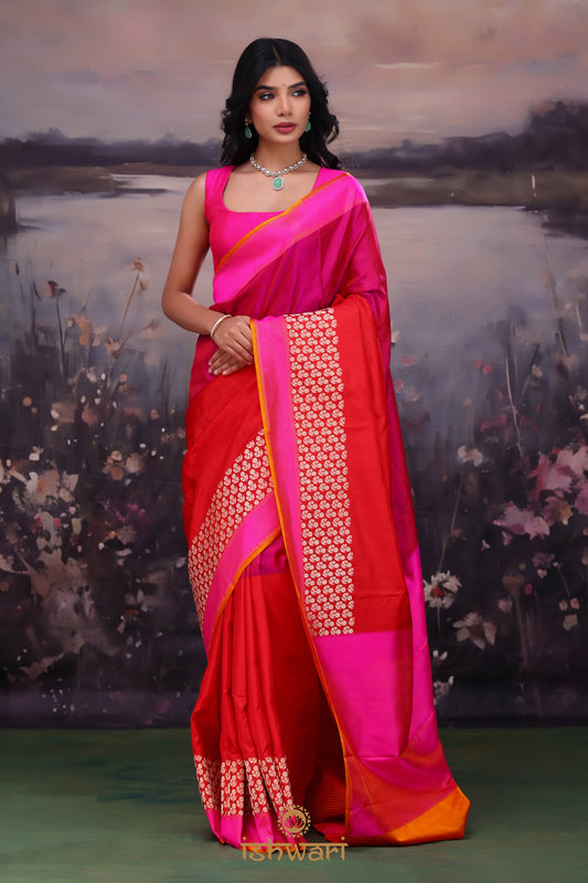 Pink Red Banarasi Silk Saree with Big Border