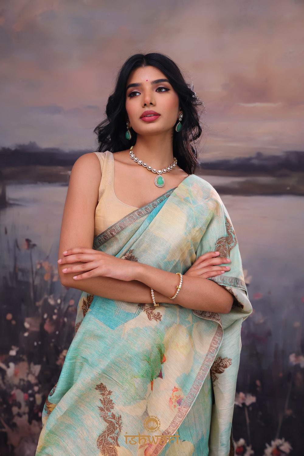 Powder Blue Print Handloom Linen Saree