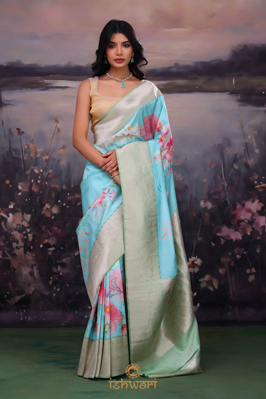 Celeste Blue Digital Print Silk Saree with Banarasi Border