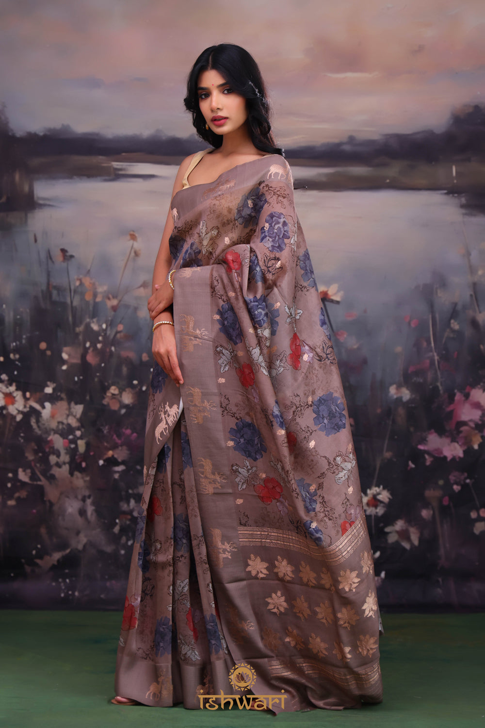 Deep Taupe Digital Print Organza Saree with Banarasi Border
