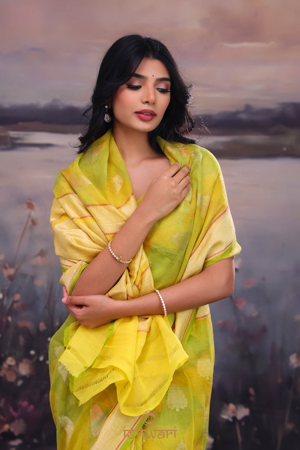 Greenish Yellow Handloom Tissue Cotton Saree