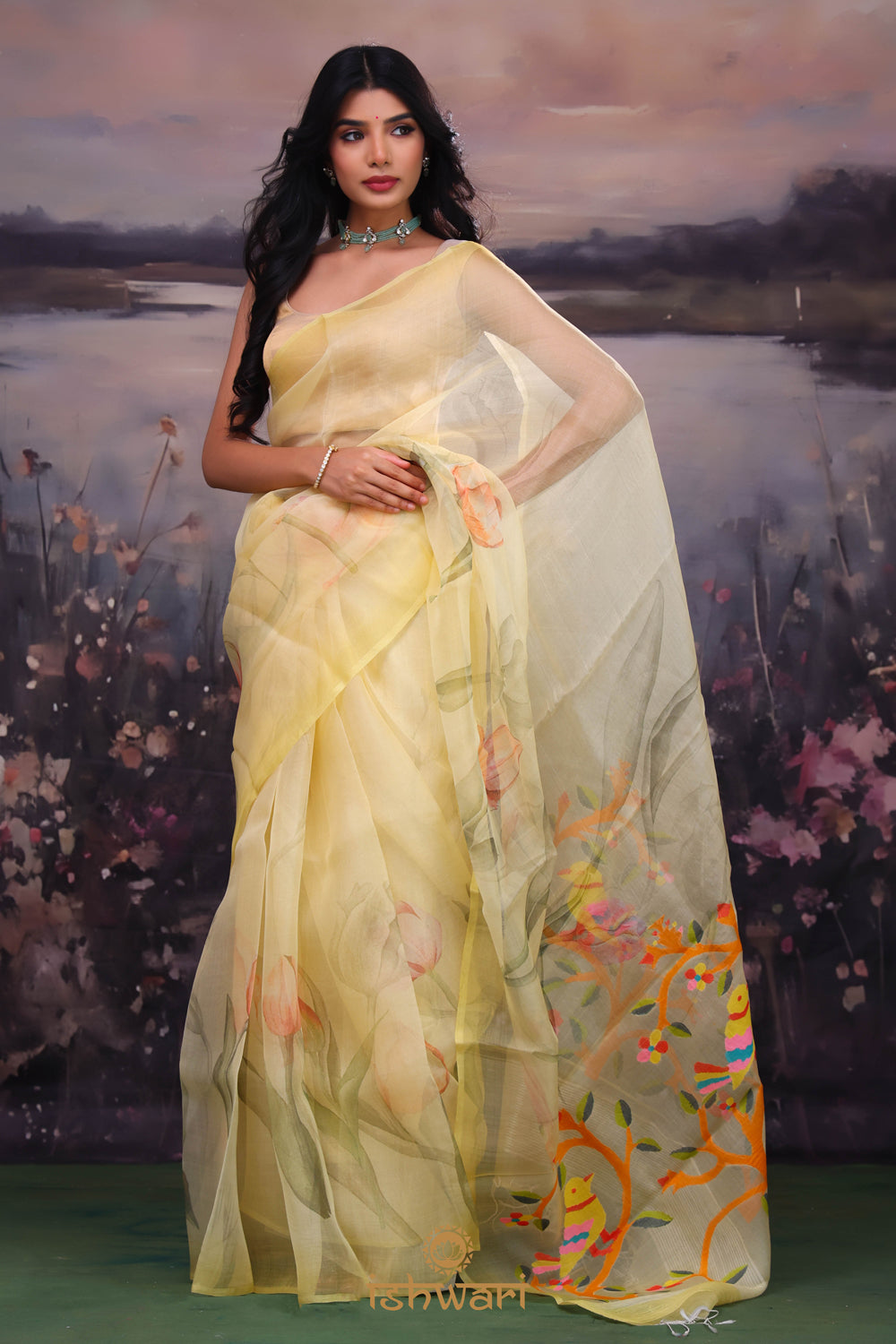 Pale Yellow Jamdani Print Handloom Kora Cotton Saree