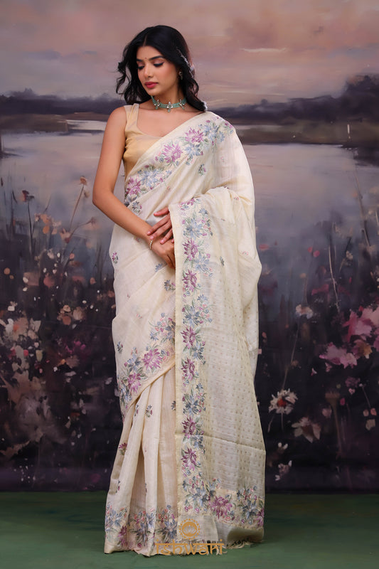 Cream White Embroidery Tissue Linen Saree