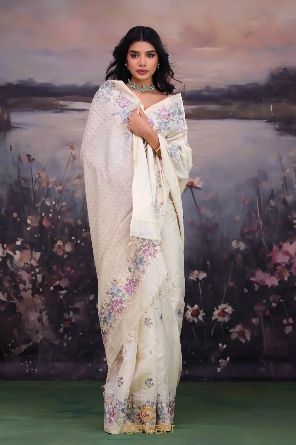Cream White Embroidery Tissue Linen Saree