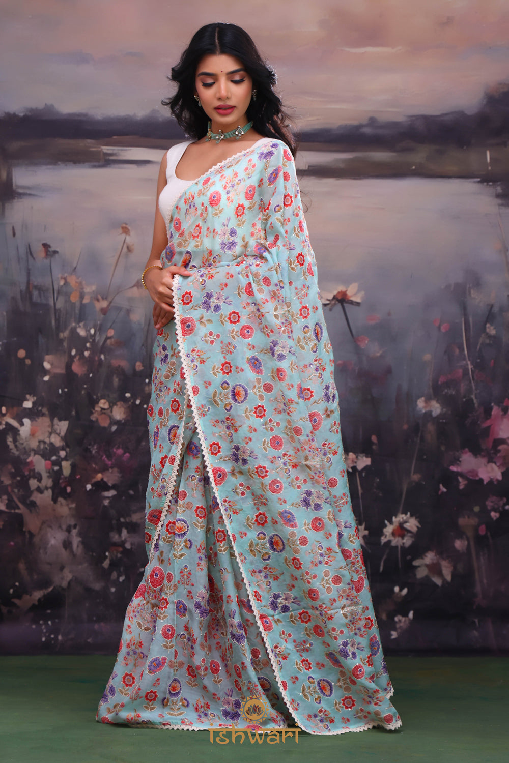 Sky Blue Floral Glass Organza with Chikankari Blouse