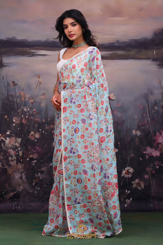 Sky Blue Floral Glass Organza with Chikankari Blouse