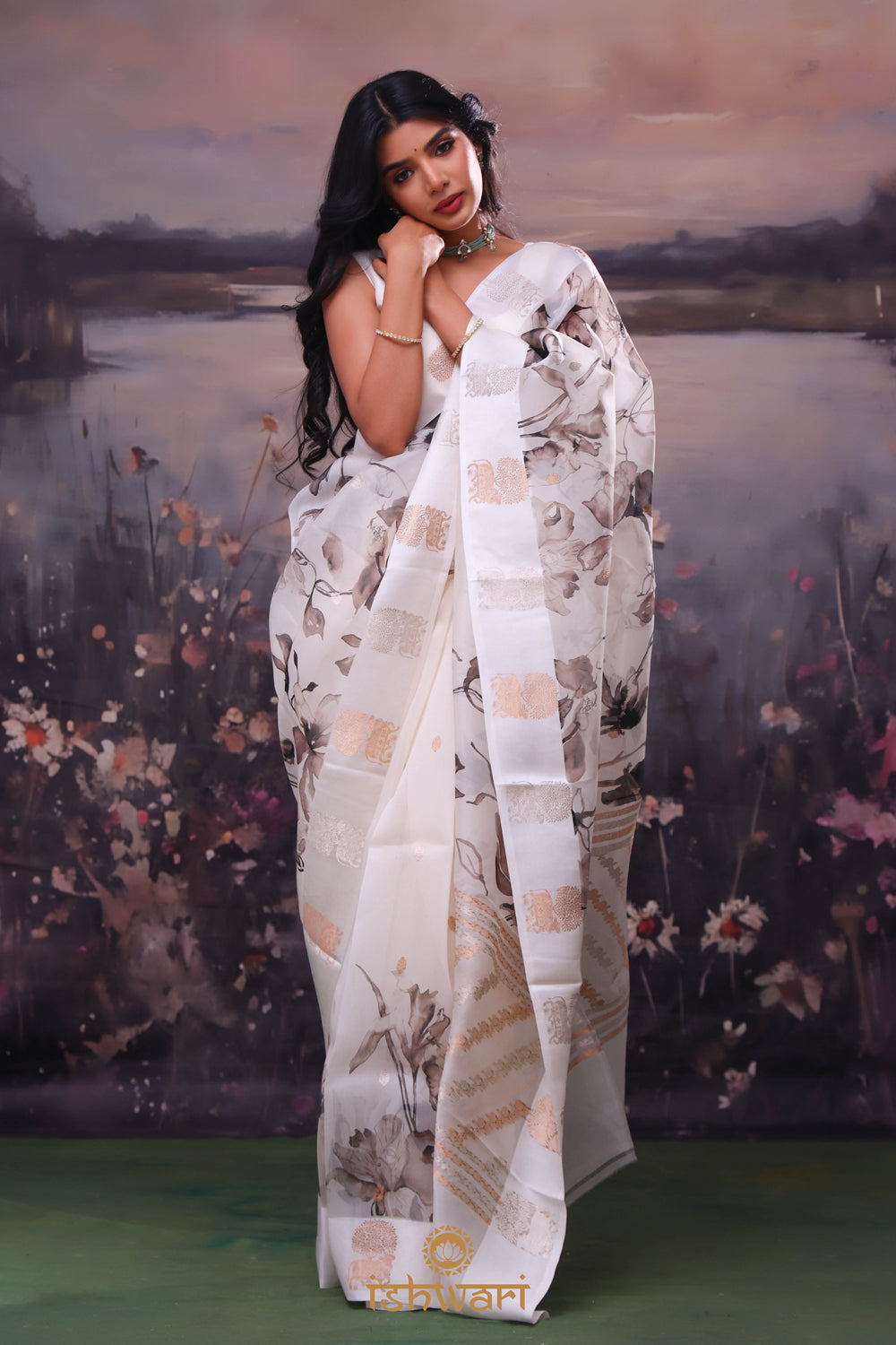 Soft White Floral Print Organza Banarasi Saree