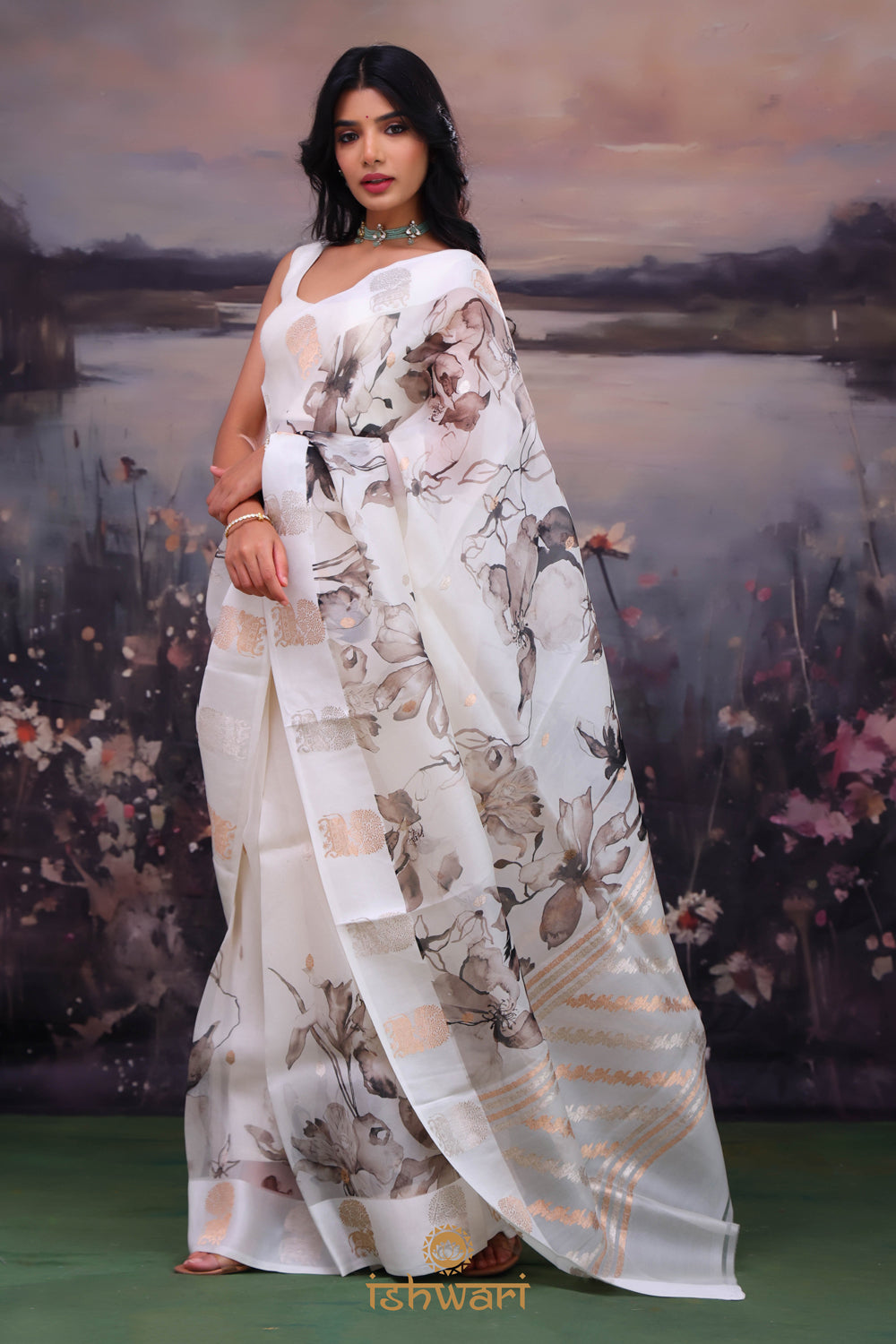 Soft White Floral Print Organza Banarasi Saree
