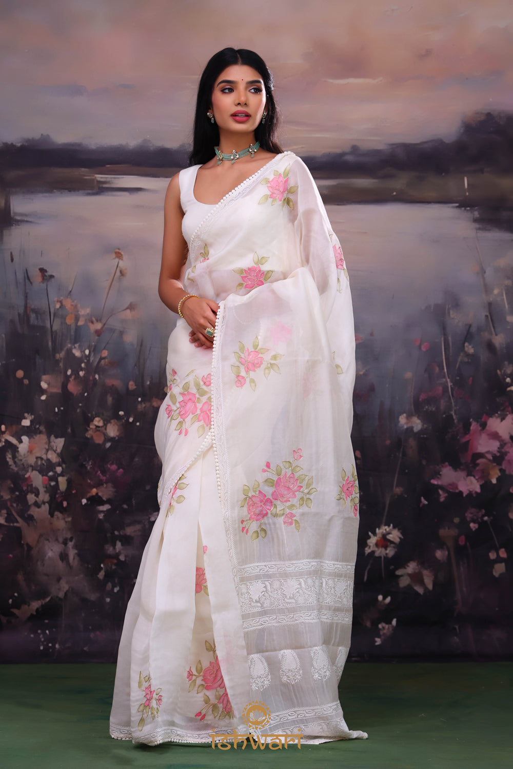 Ivory White Handpainted Organza Saree