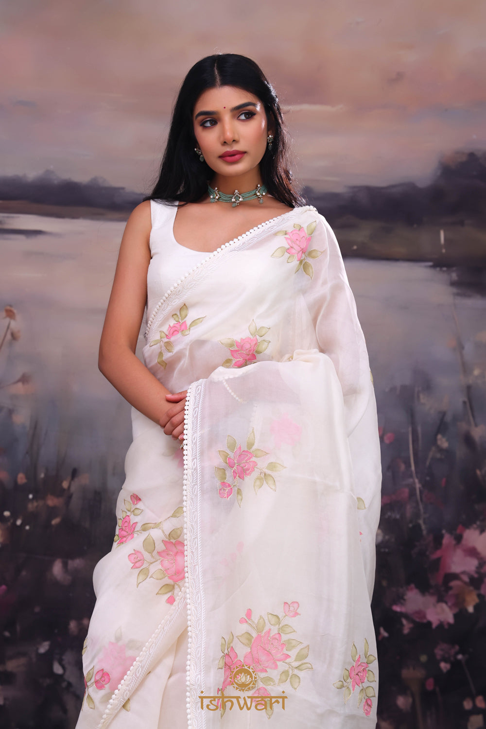 Ivory White Handpainted Organza Saree
