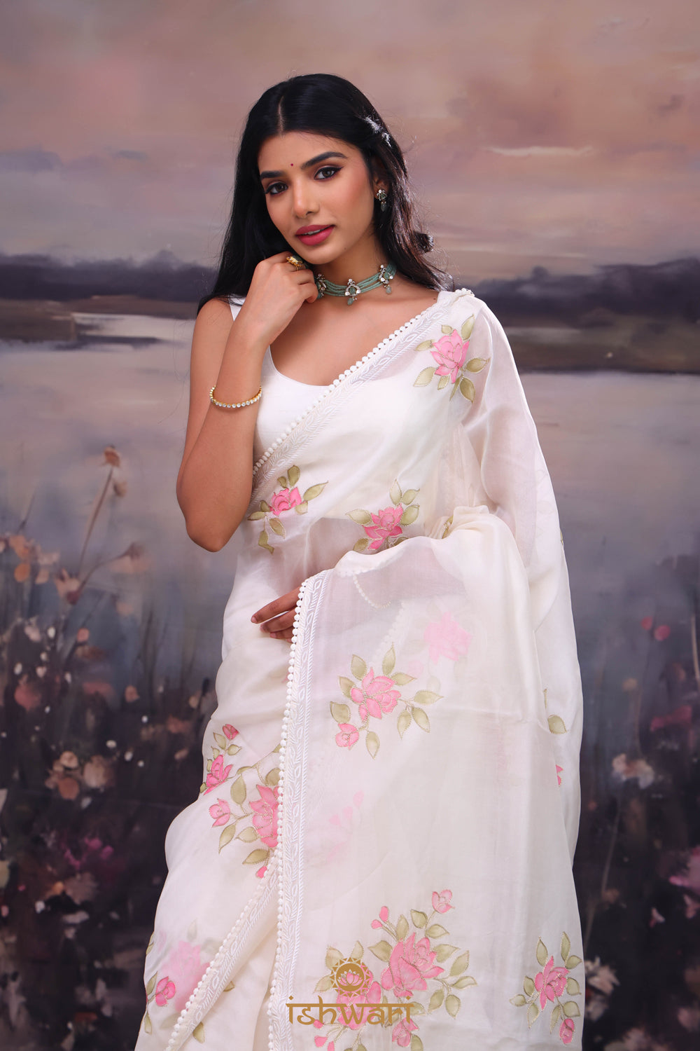 Ivory White Handpainted Organza Saree