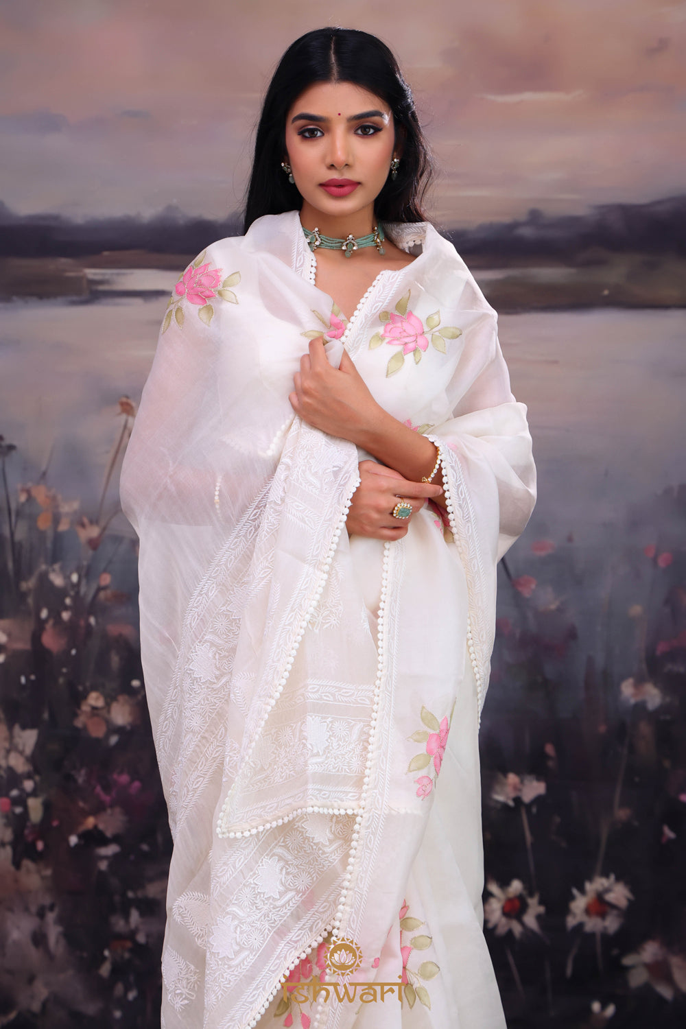 Ivory White Handpainted Organza Saree