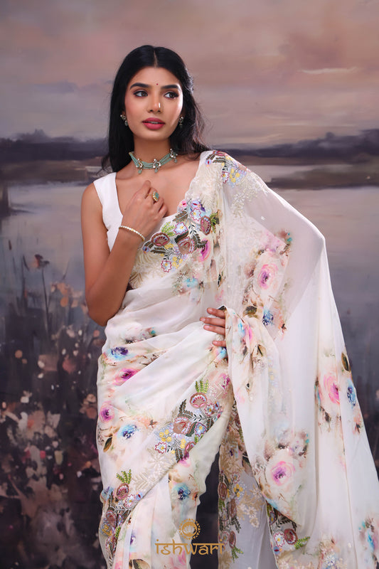 Creamish White Printed Georgette Saree with Embroidery Border