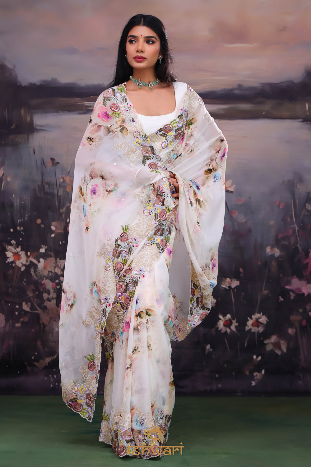 Creamish White Printed Georgette Saree with Embroidery Border