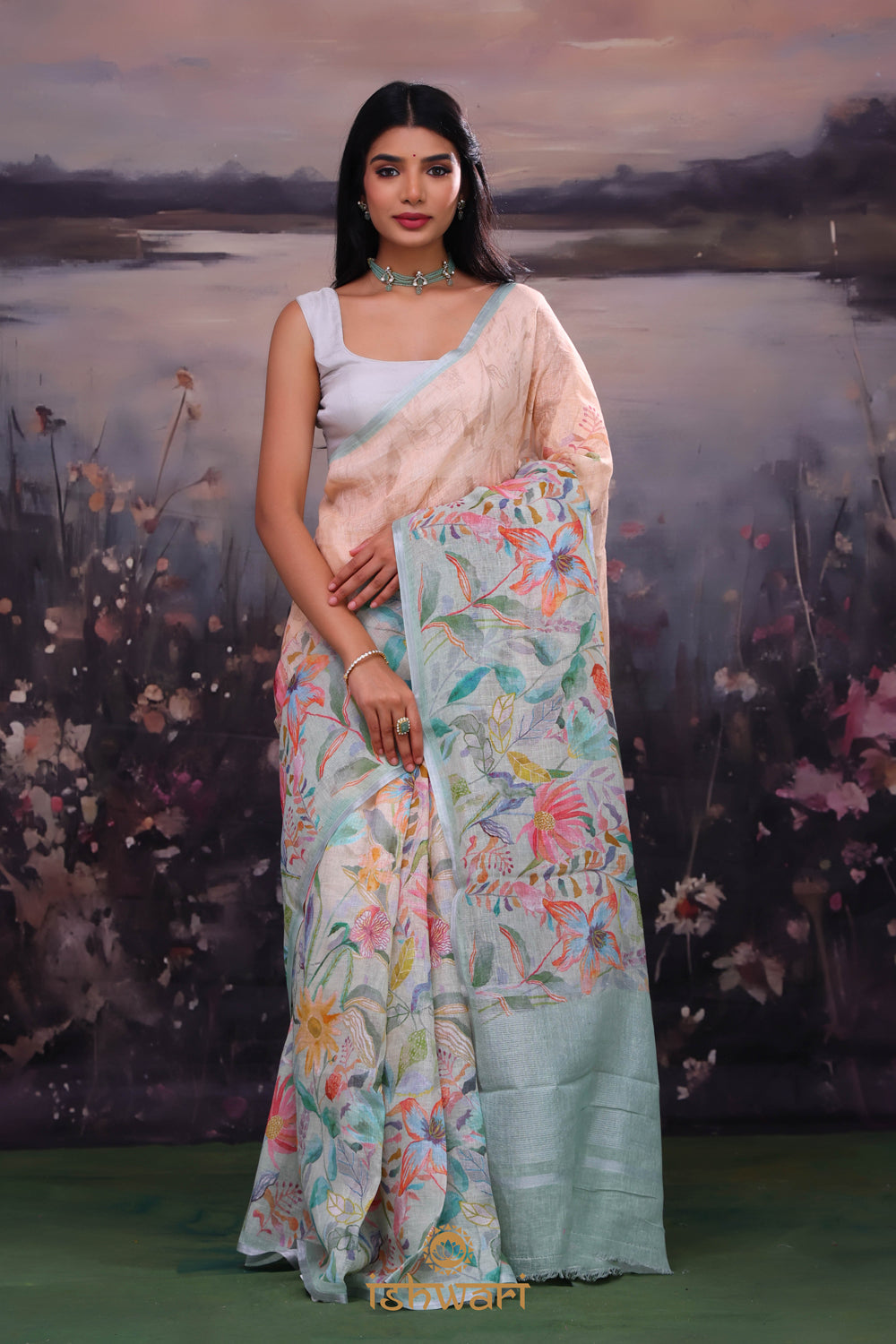 Peach Blue Ombre Floral Linen Saree