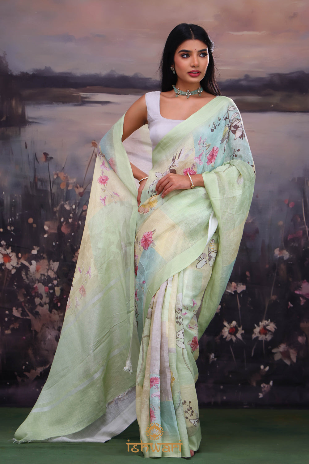 Blue-Green Printed Shaded Linen Saree
