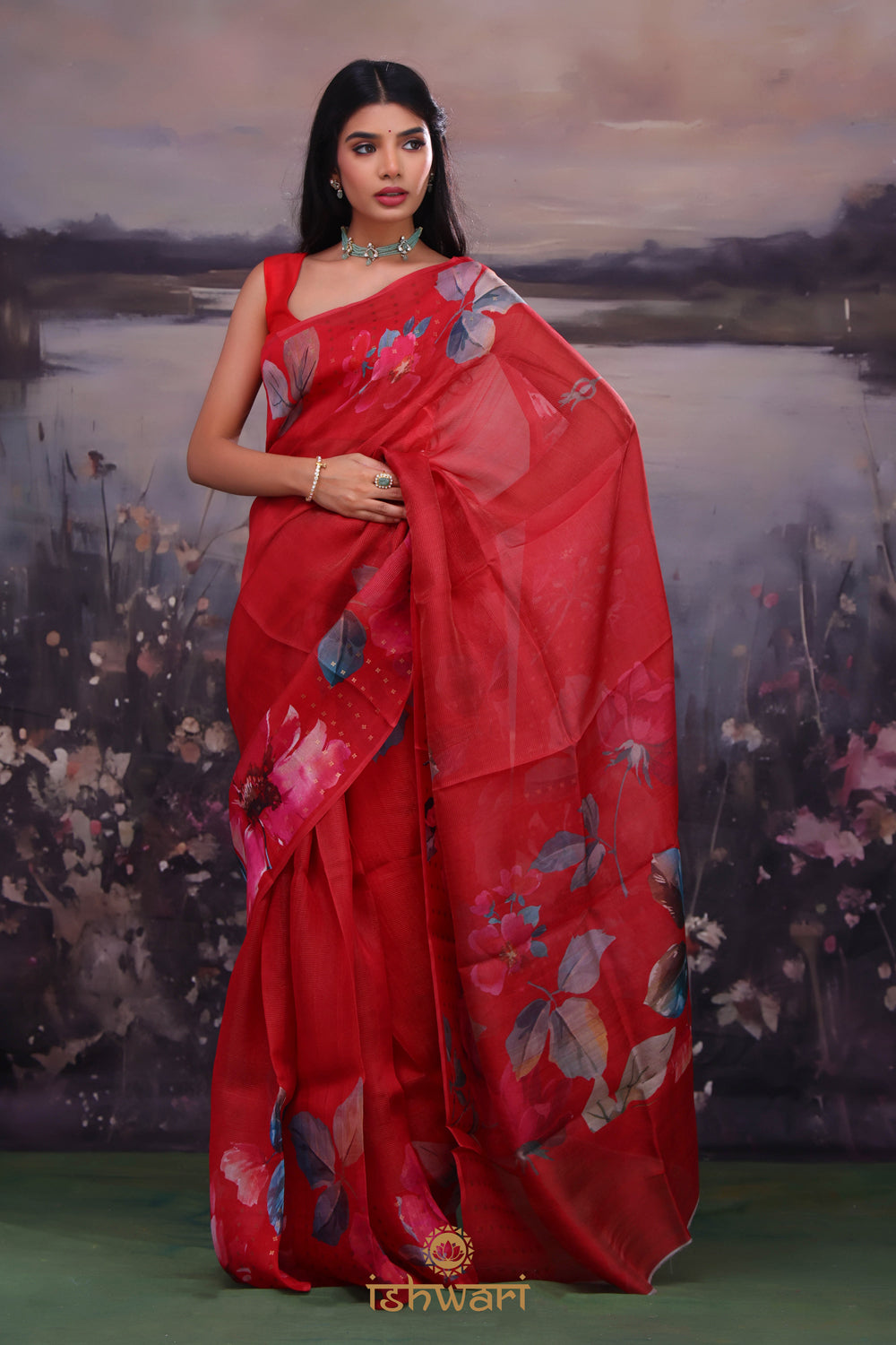 Cardinals Red Floral Bailu Saree with Sequin Border