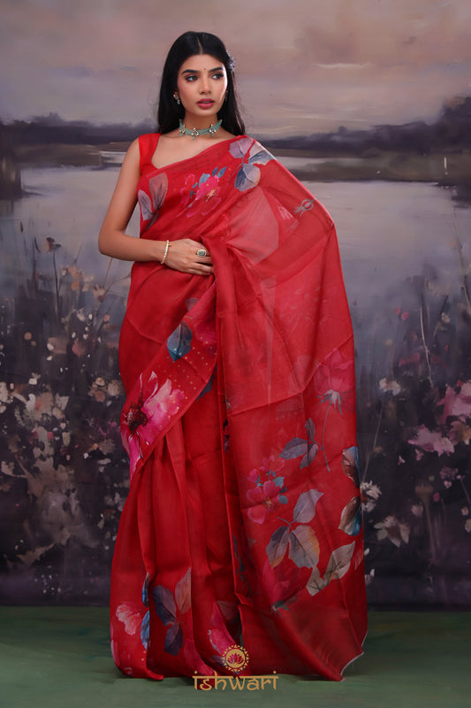 Cardinals Red Floral Bailu Saree with Sequin Border
