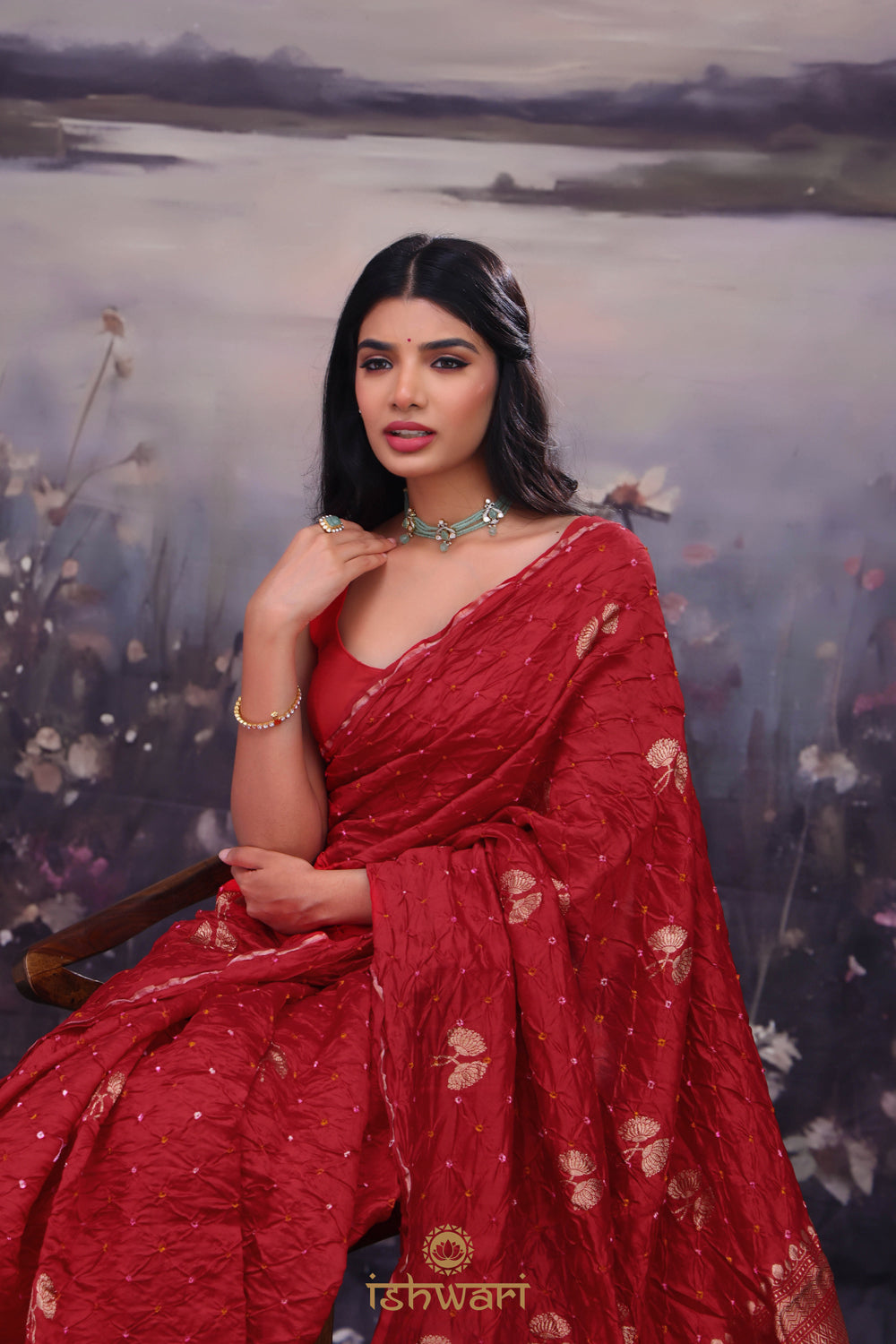 Deep Red Bandhej Saree with Ikkat Blouse