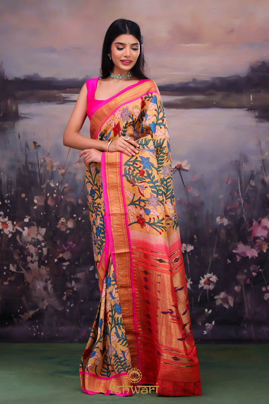 Sand Yellow Kalamkari Paithani Saree
