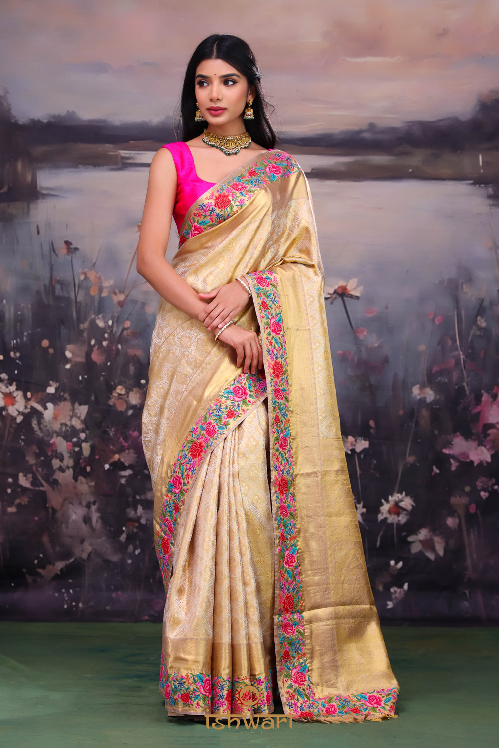 Bright Gold Kanchi Saree with Petite Point Border