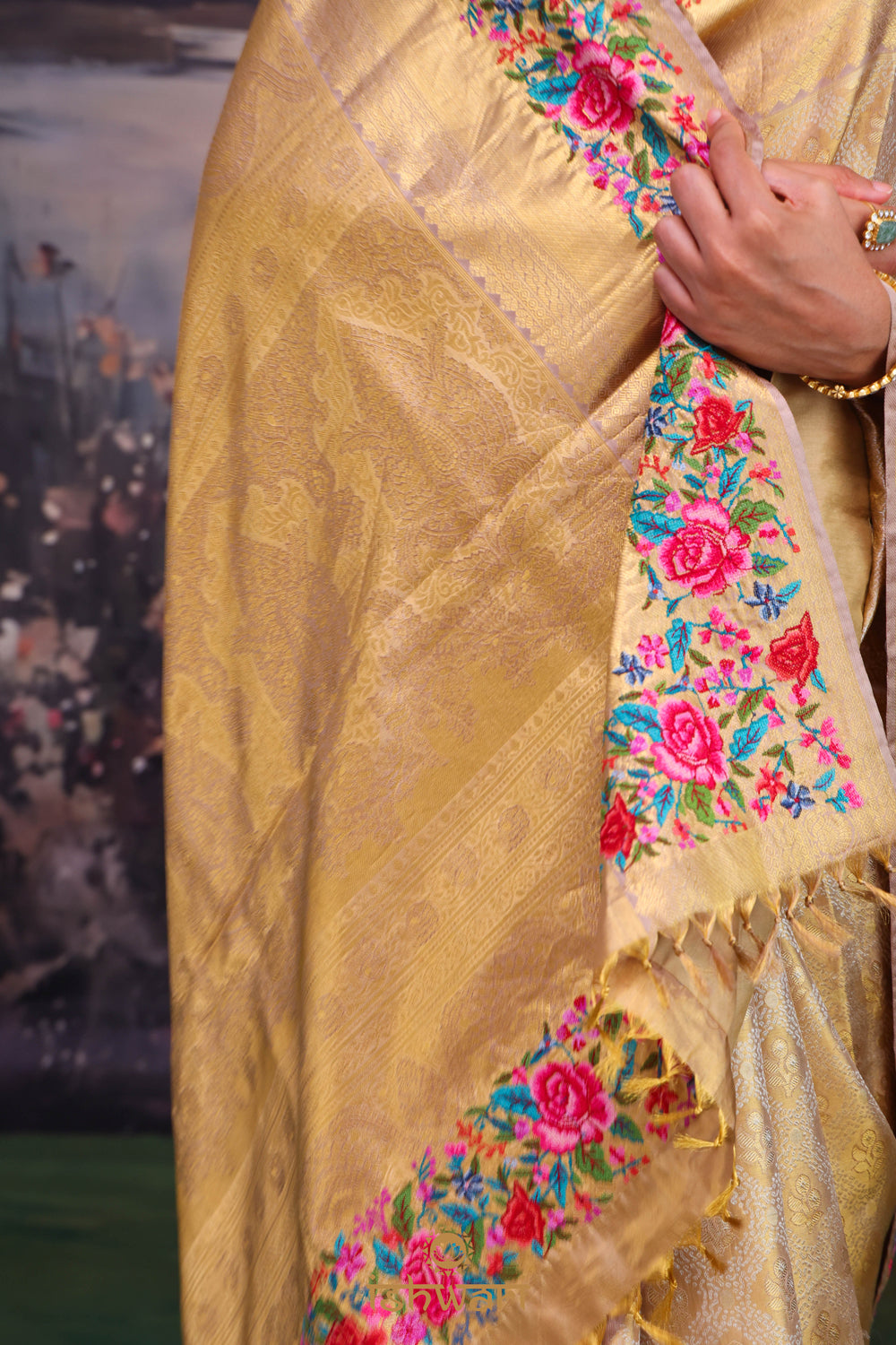 Bright Gold Kanchi Saree with Petite Point Border