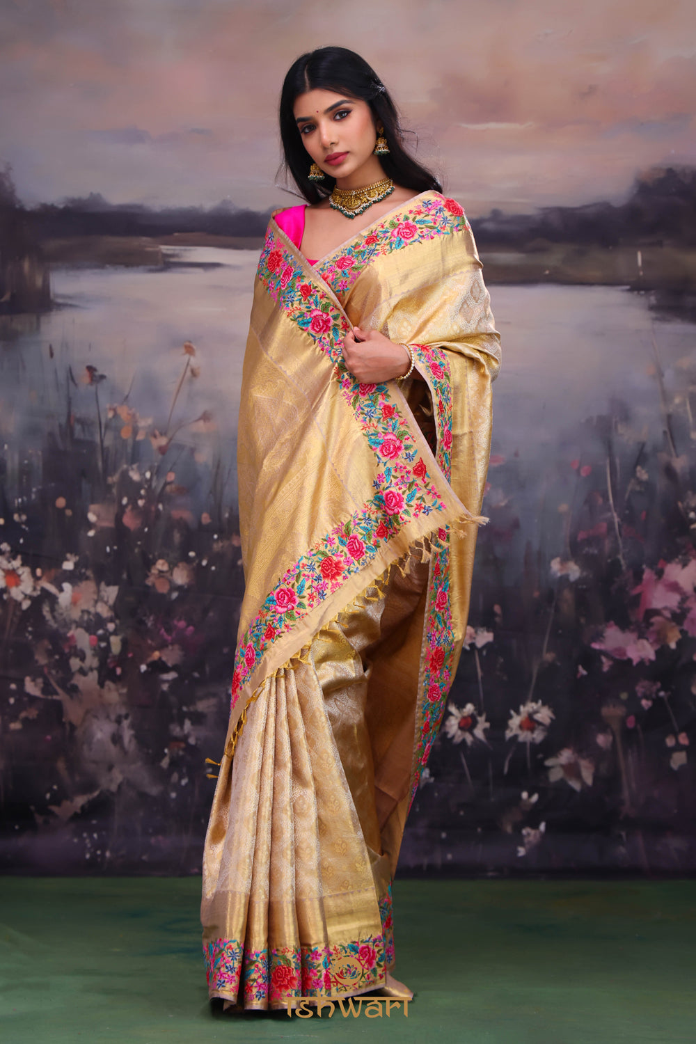 Bright Gold Kanchi Saree with Petite Point Border