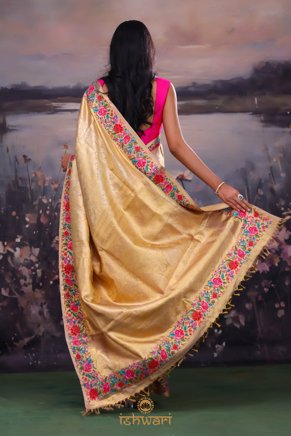 Bright Gold Kanchi Saree with Petite Point Border