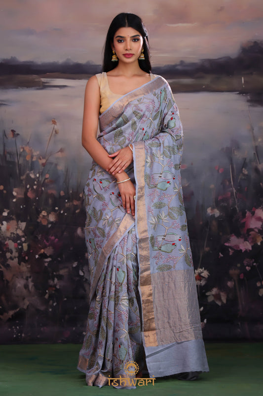Steel Blue Embroidery Munga Silk Saree with Banarasi Border