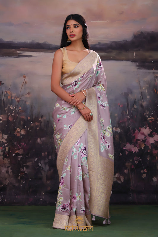 Carolina Plum Floral Satin Saree with Banaras Border