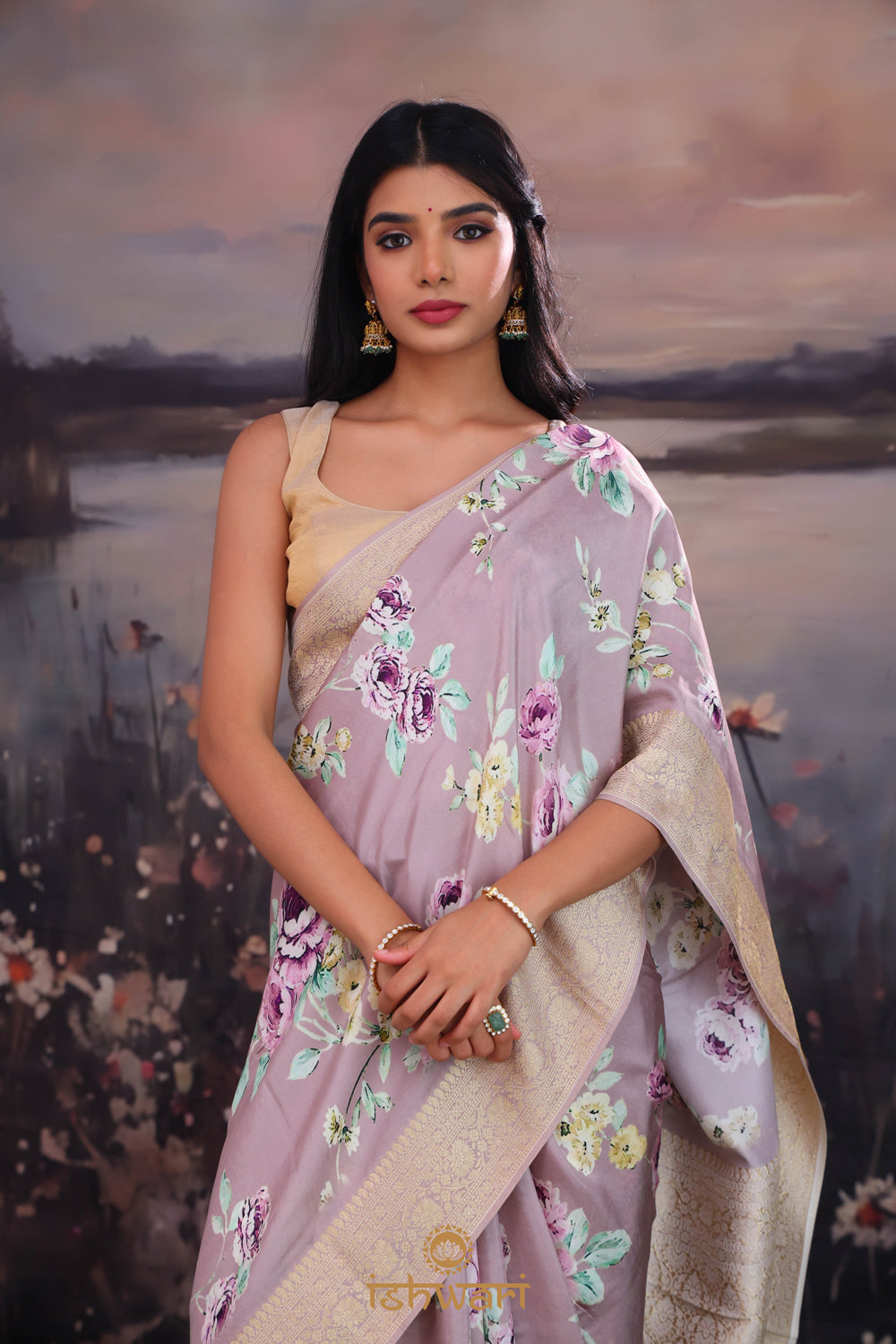 Carolina Plum Floral Satin Saree with Banaras Border