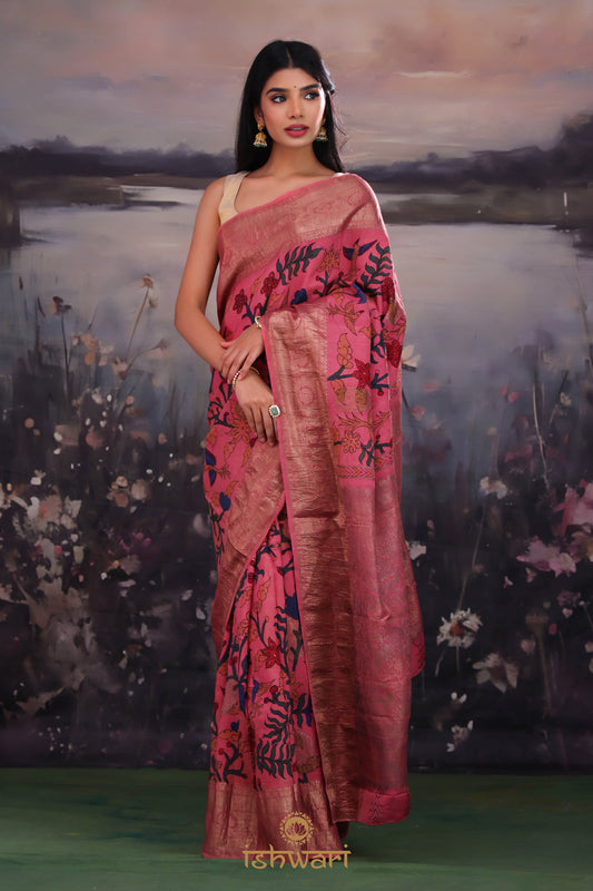 Punch Pink Gadwal Kalamkari Saree