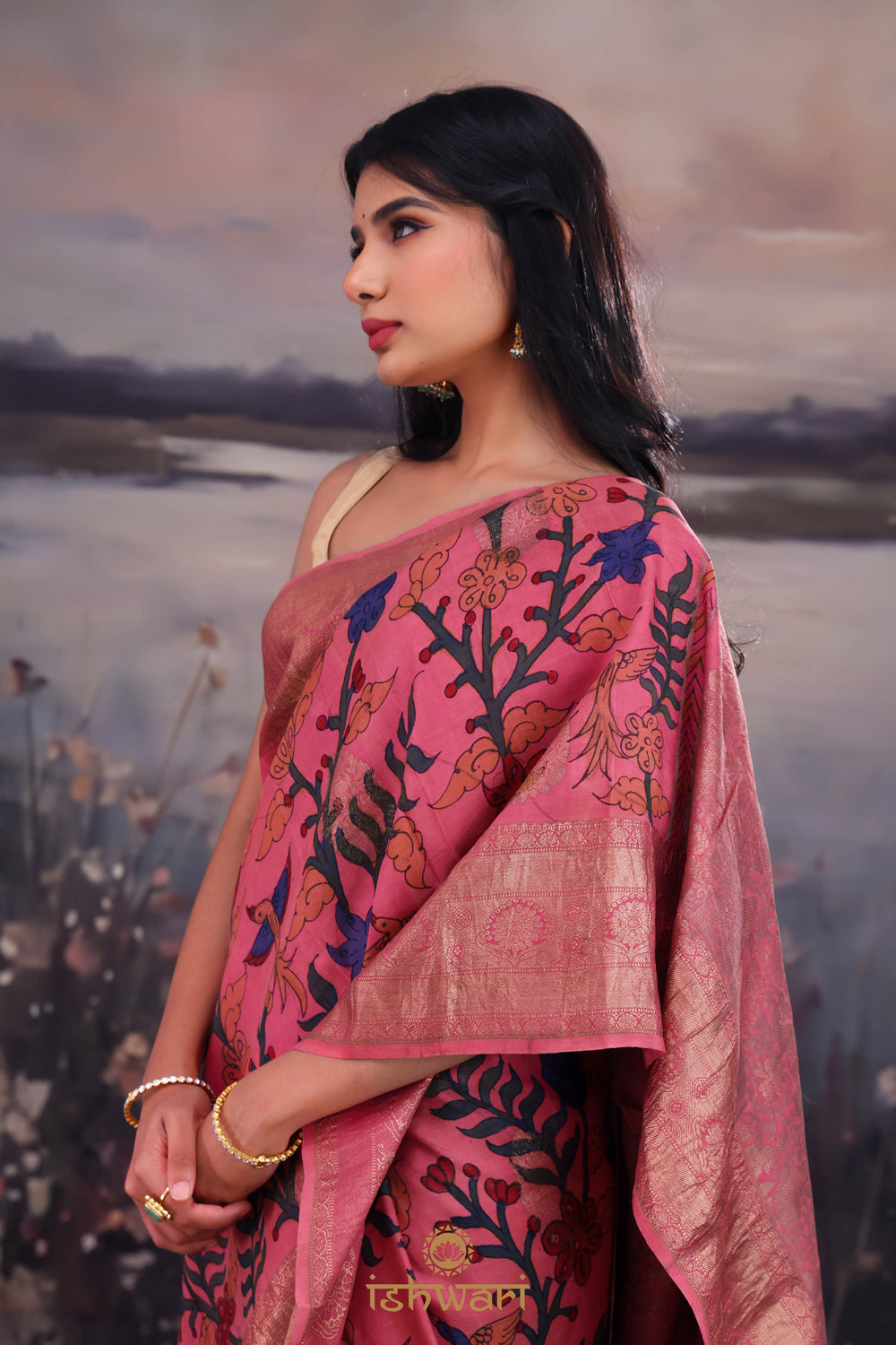 Punch Pink Gadwal Kalamkari Saree