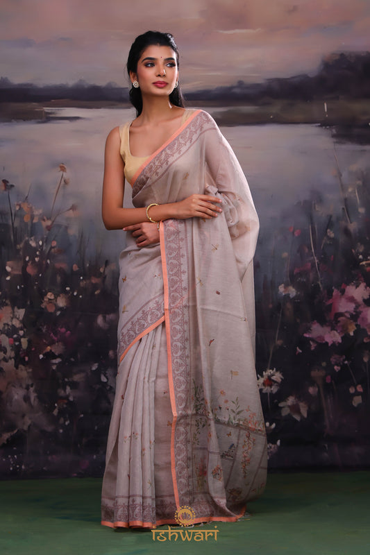Greyish Brown Printed Mul Cotton Saree