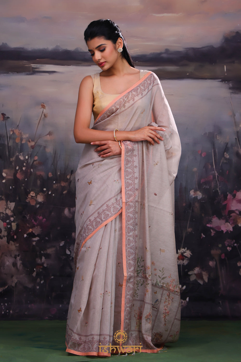 Greyish Brown Printed Mul Cotton Saree