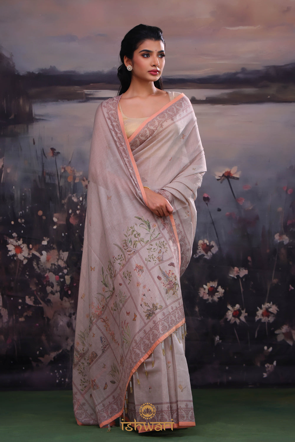 Greyish Brown Printed Mul Cotton Saree