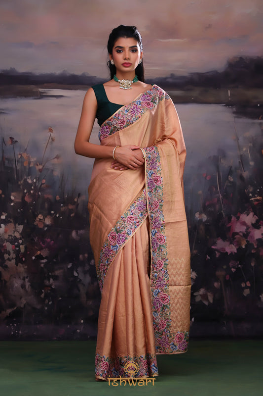 Crayola Peach Tissue Saree with Convent Work Border