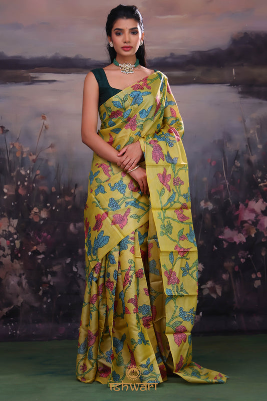 Greenish Yellow Handloom Kalamkari Saree