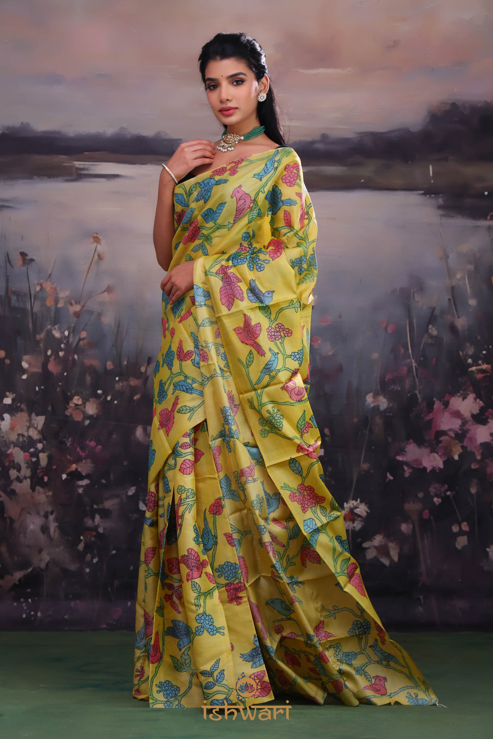 Greenish Yellow Handloom Kalamkari Saree