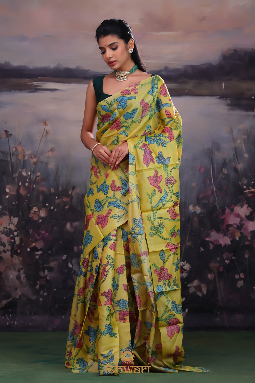 Greenish Yellow Handloom Kalamkari Saree
