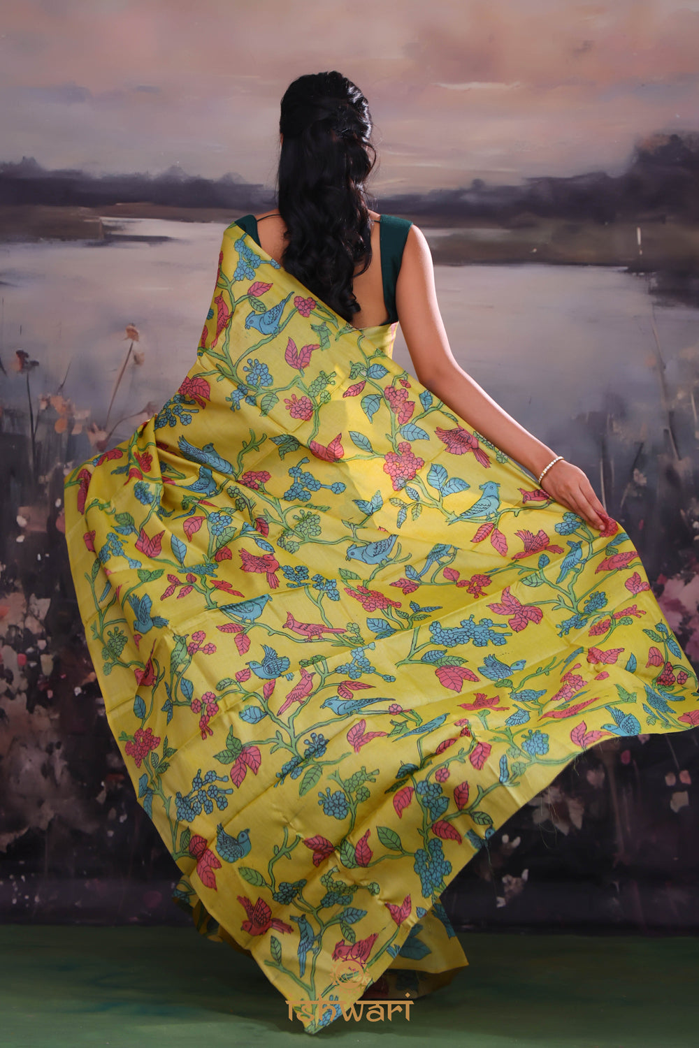 Greenish Yellow Handloom Kalamkari Saree