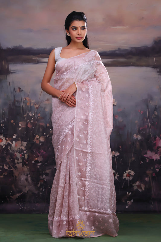 Dusty Pink Embroidery Tissue Saree