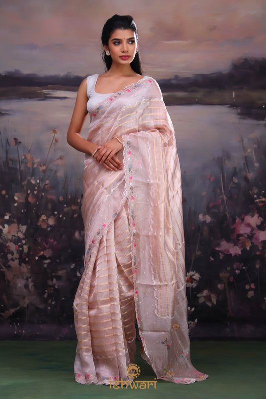 Gold Pink Striped Tissue Saree with Embroidered Border