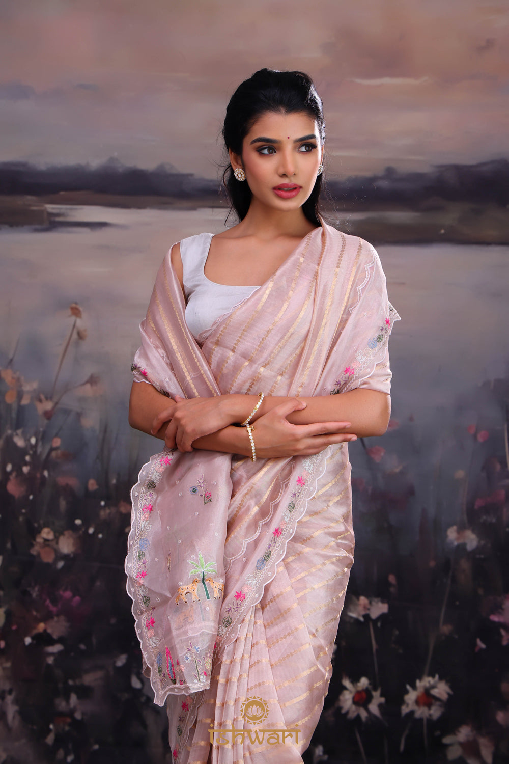 Gold Pink Striped Tissue Saree with Embroidered Border
