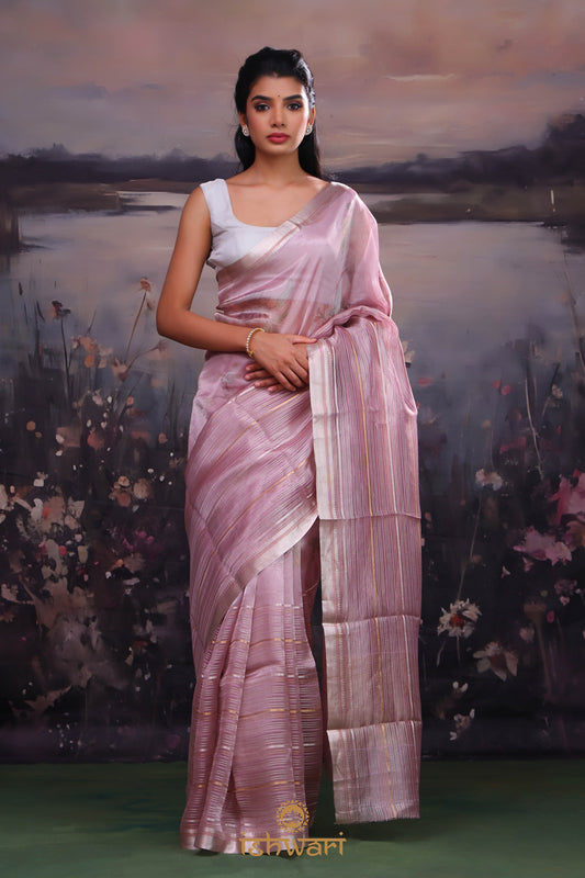 Lace Purple Printed Tissue Saree with Striped Border