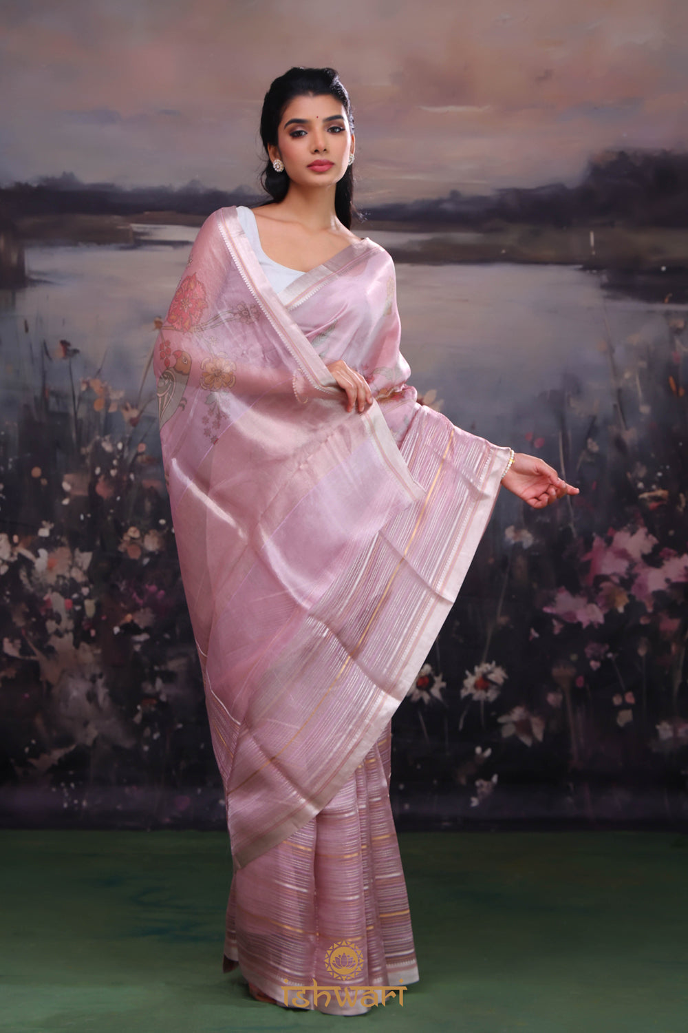 Lace Purple Printed Tissue Saree with Striped Border